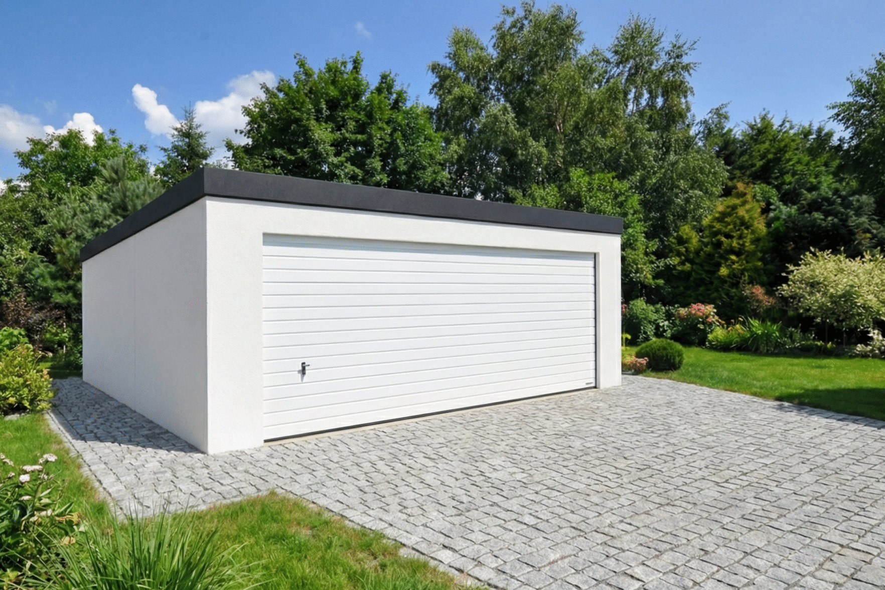 Garaż jednospadowy tynkowany Uno Classic 6x5,7m bez pozwolenia na budowę. Nowoczesny garaż ocieplany z szeroką bramą segmentową.